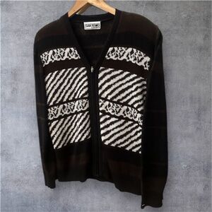 Vintage San Remo by Laura Knits Brown Full Zip Cardigan ‎ Size M Retro Geometric